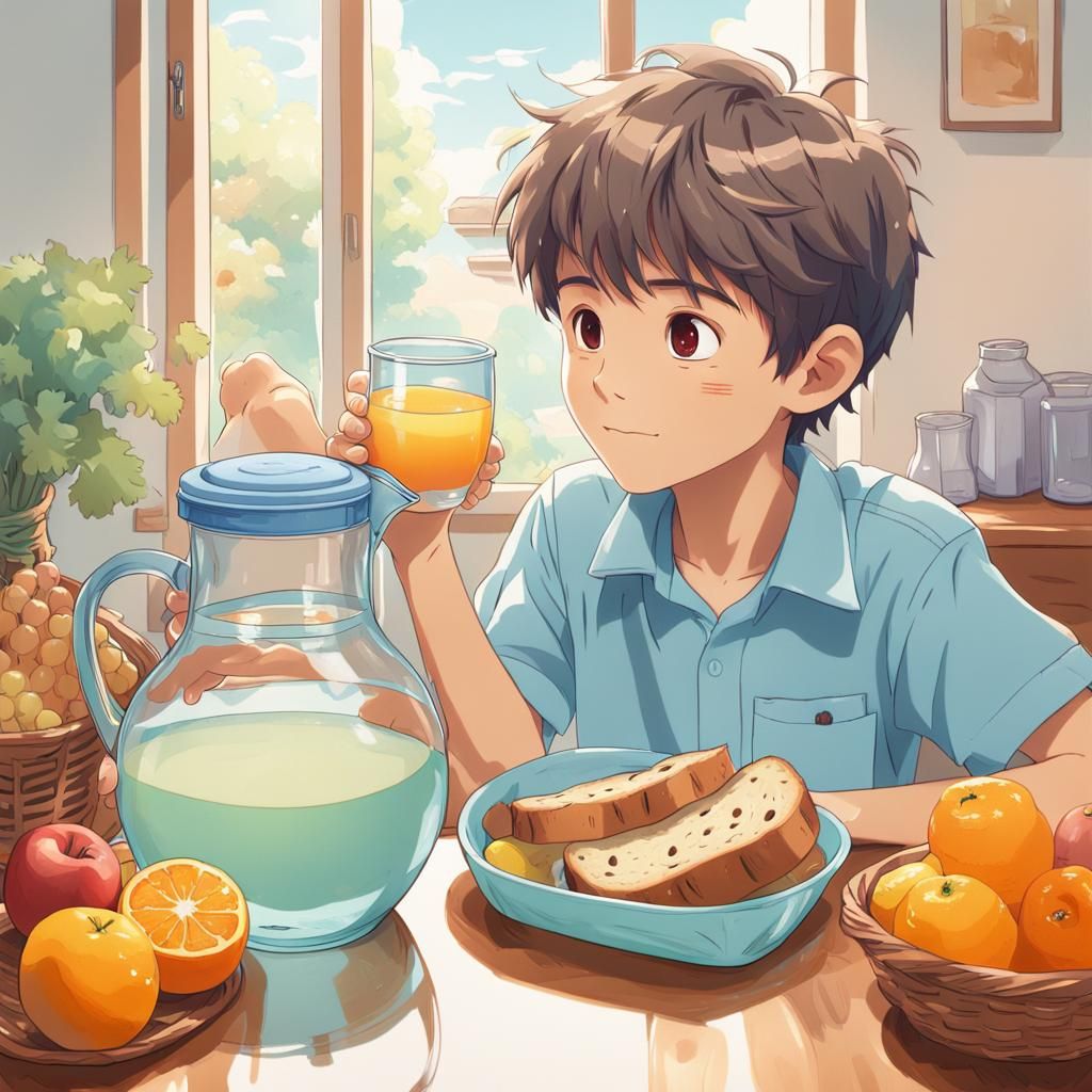 A six-year-old anime boy with a thin black border in bright ...