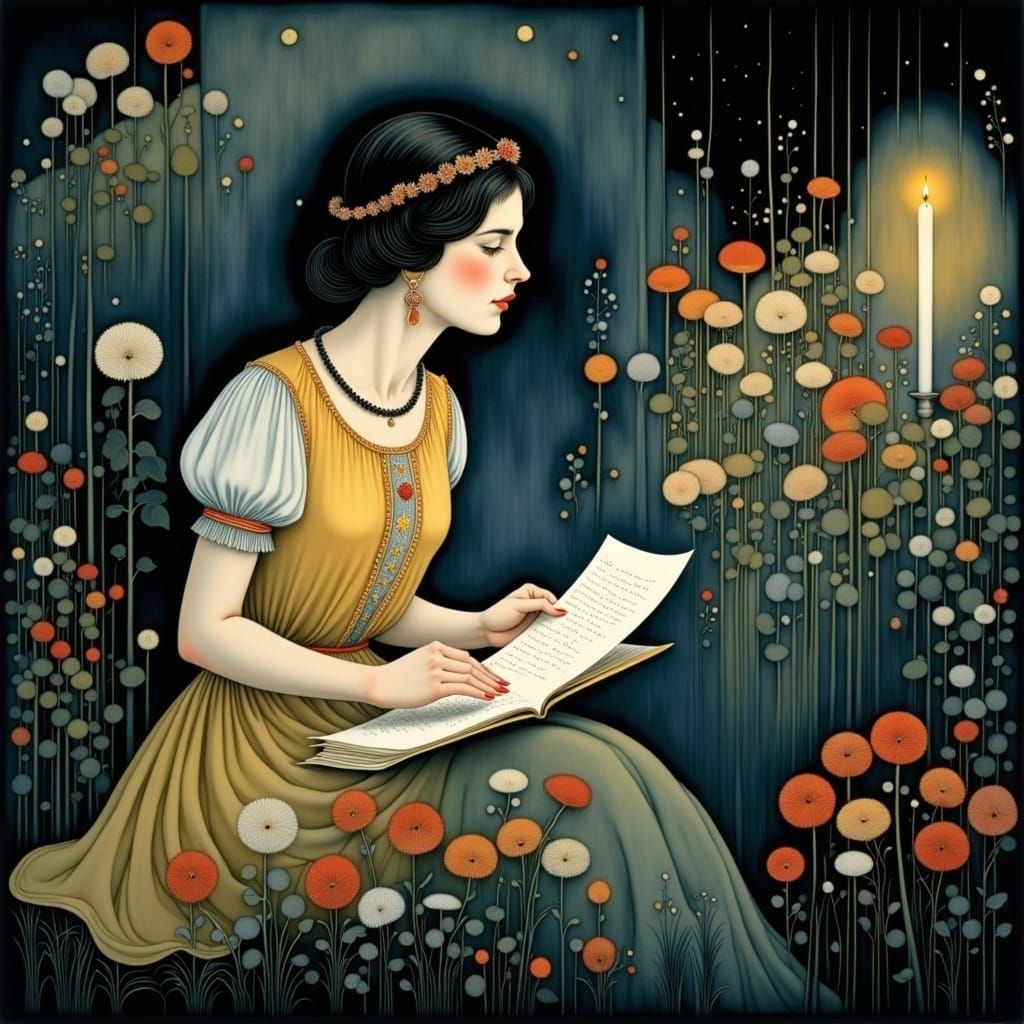 Girl Reads Letter in Enchanted Garden