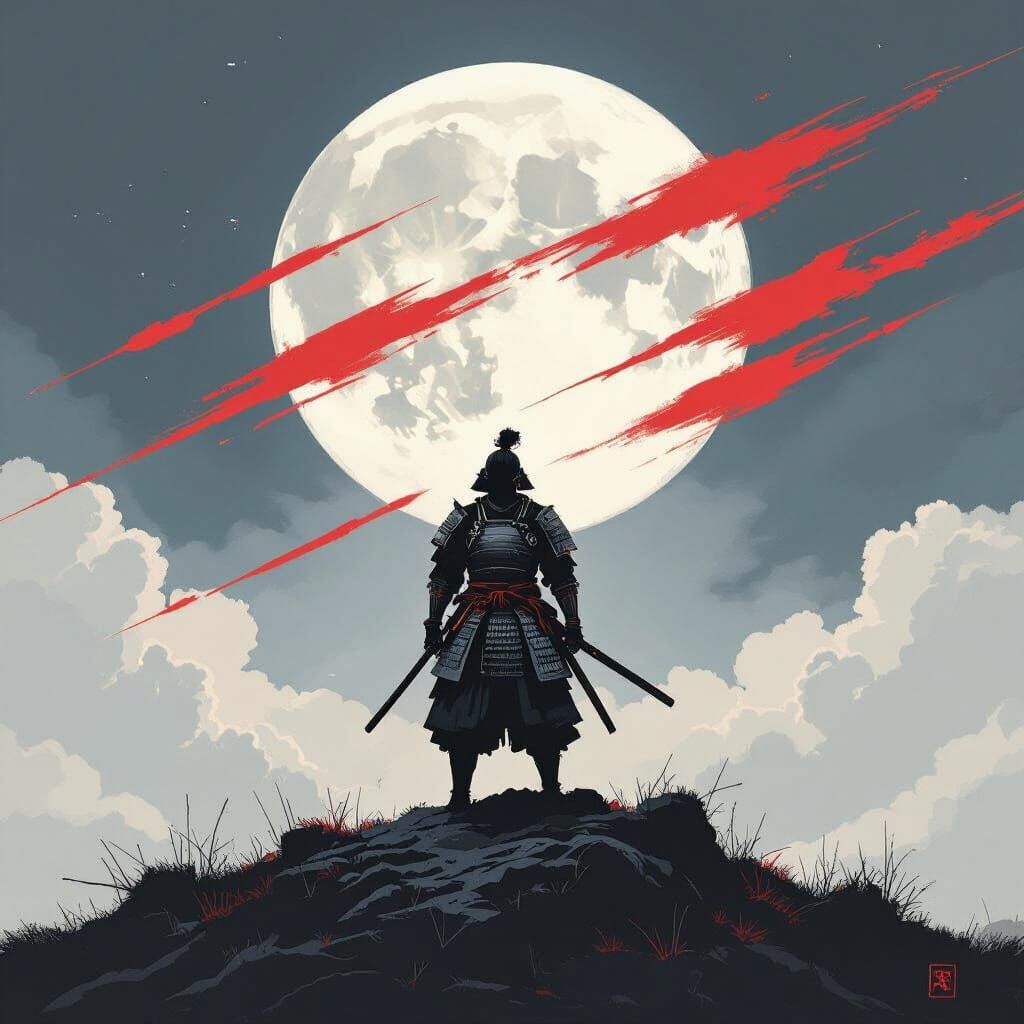 Samurai Silhouette with Moon and Slashes