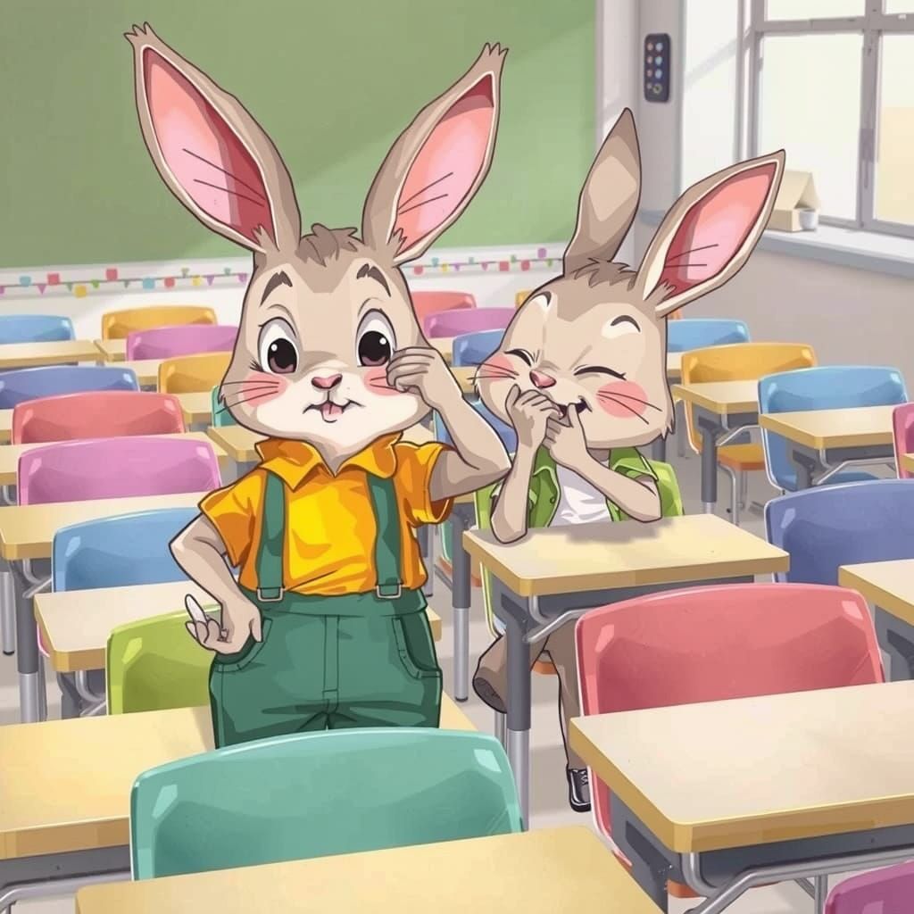 Cartoon Bunnies Share a Secret in Class