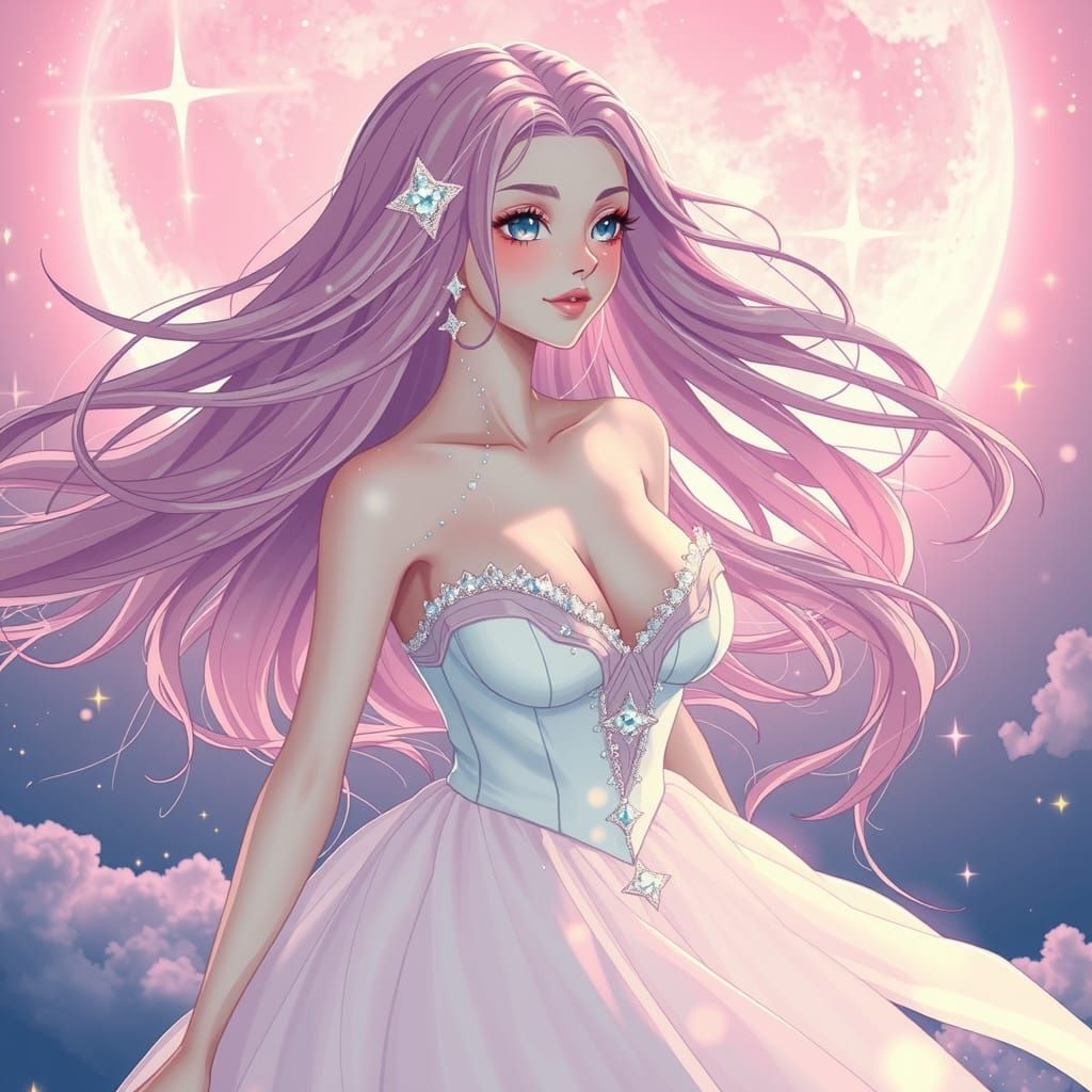 Ethereal Anime Woman in Starry Sky