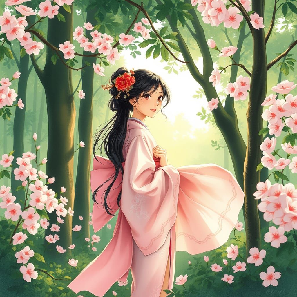 Surreal Spring Maiden in Whimsical Watercolor Style