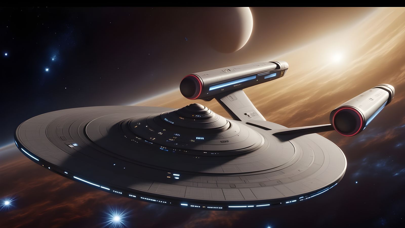 Epic Cinematic Starship Emerging from Nebula