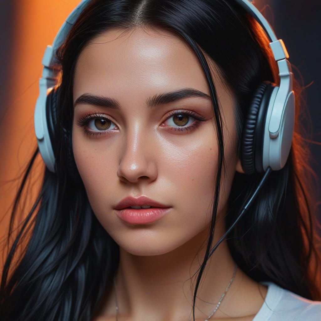 Realistic Portrait of a Woman with Headphones in Neon Light