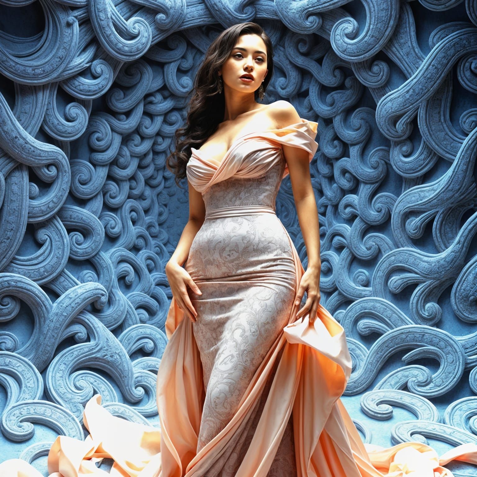 Elegant, Surreal Woman in Flowing Gown, Paisley Patterns