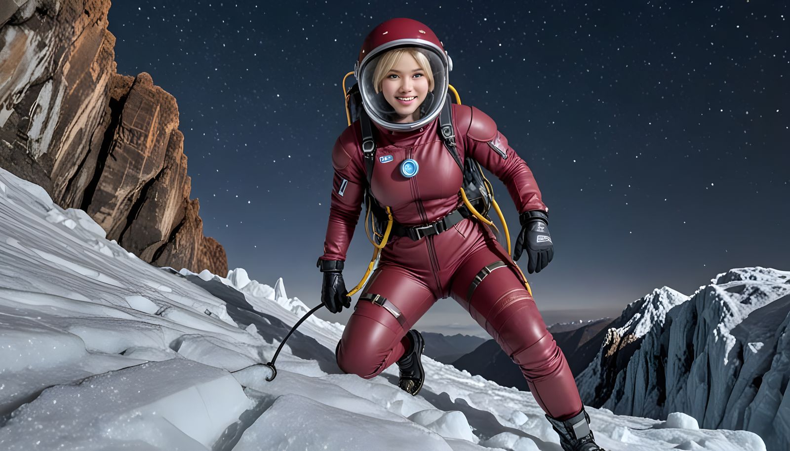 Taiwanese Astronaut Climbs Icy Cliff on Frozen World
