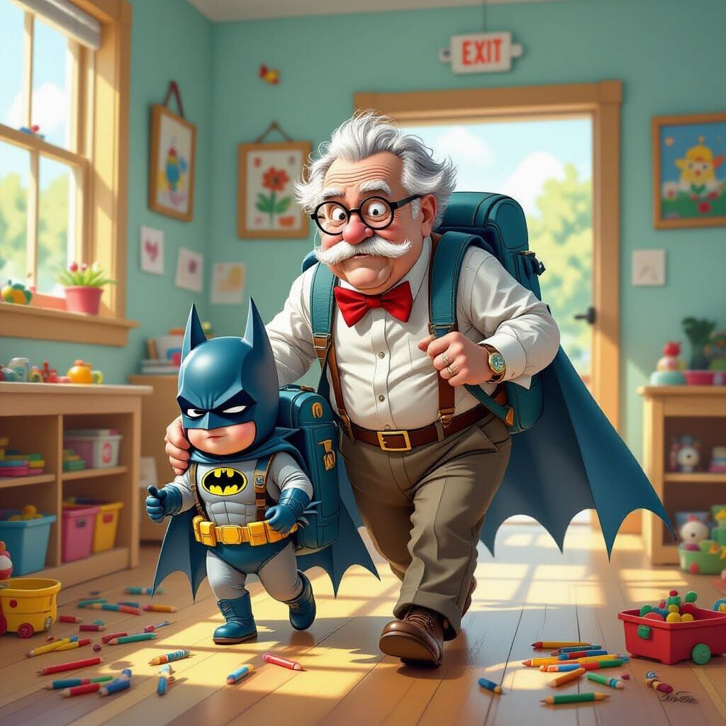 Eccentric Old Man Escorting Batman to Kindergarten