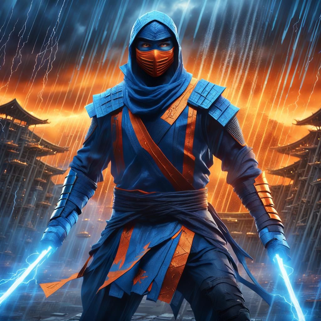 Blue Ninja Stands in Thunderdome Stormy Sky