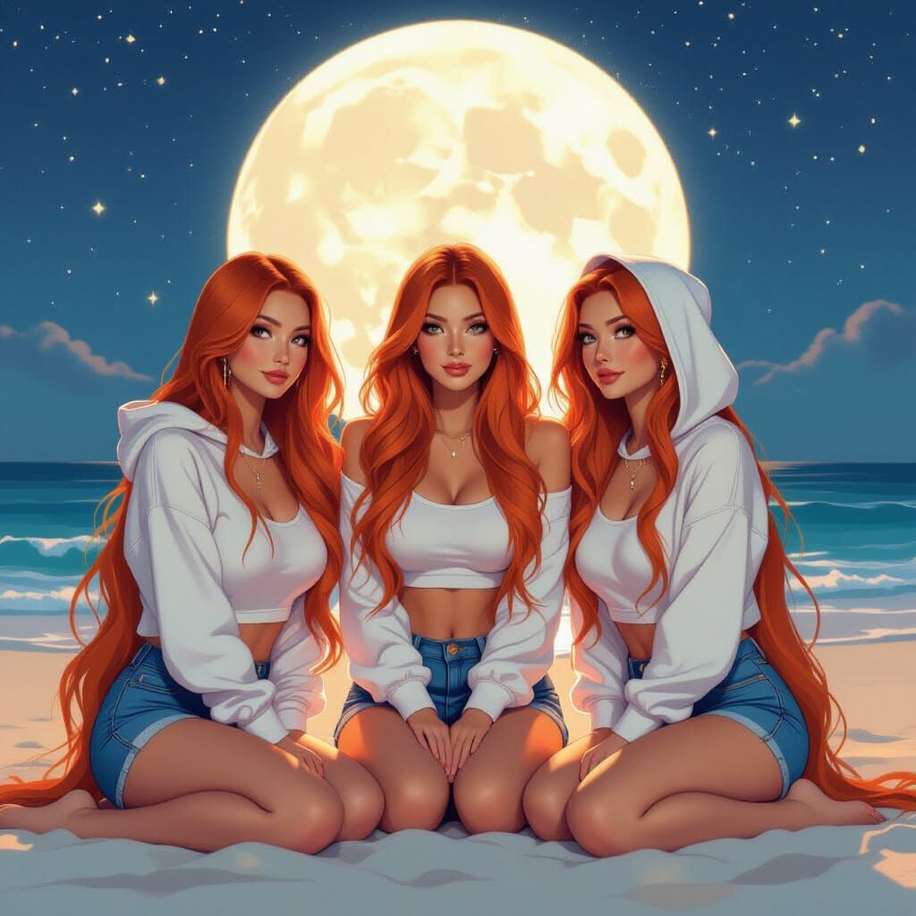 Starlit Beach Scene in Art Nouveau Style