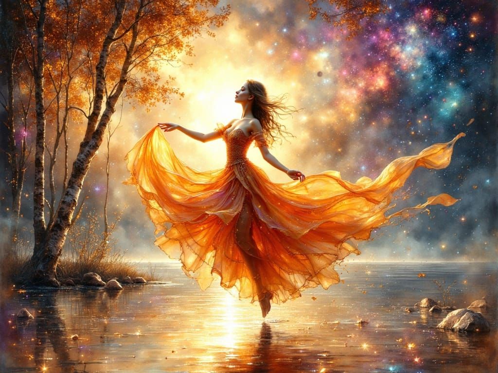 Celestial Dancer in Cosmic Ink Landscape