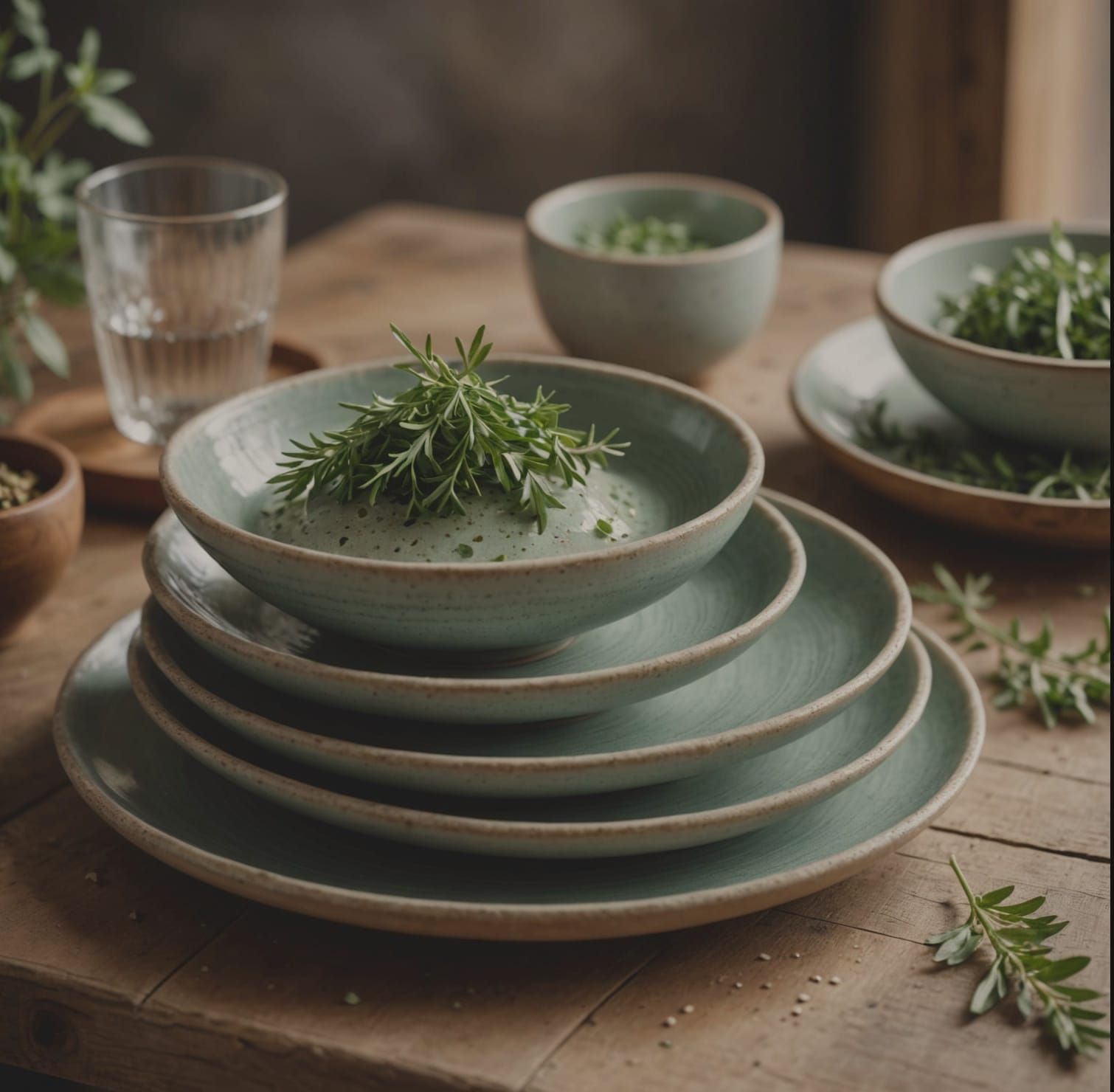 Celadon Ceramic Dishes with Herbs in Soft Light
