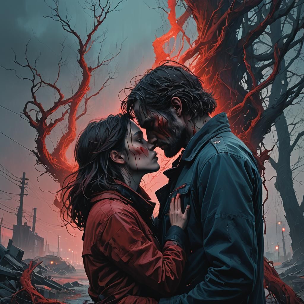Passionate Kiss in a Bleeding Mystical Landscape
