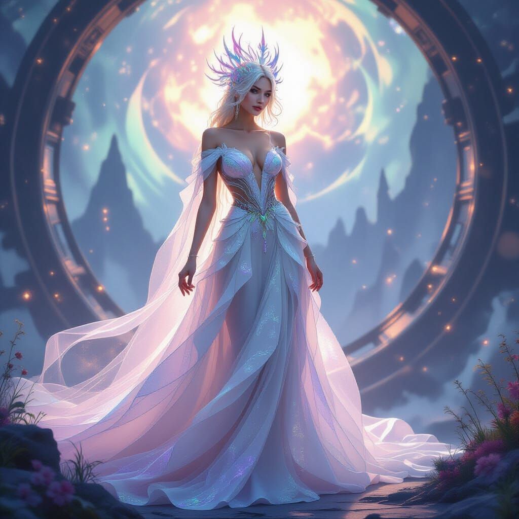 Ethereal Being in Iridescent Gown: Cosmic Art