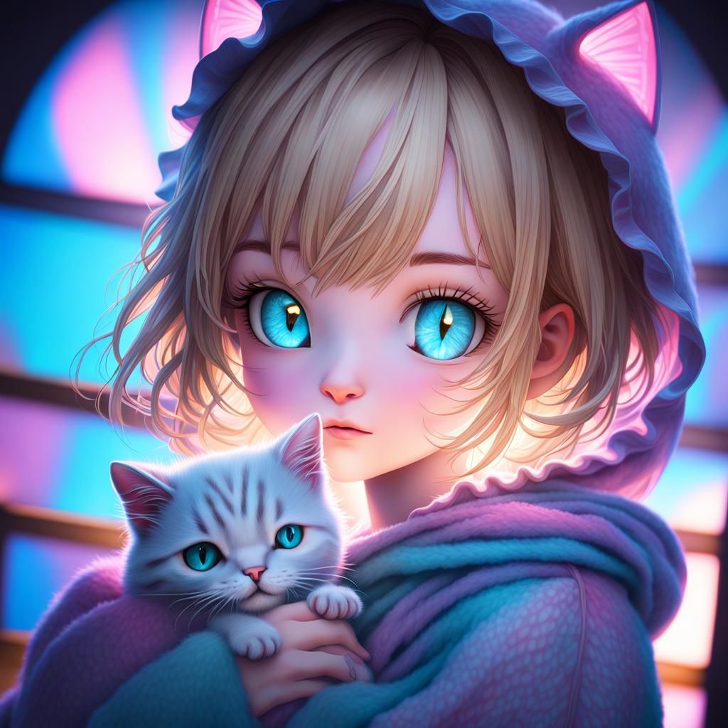 Anime Girl with Kittens in Art Nouveau Style