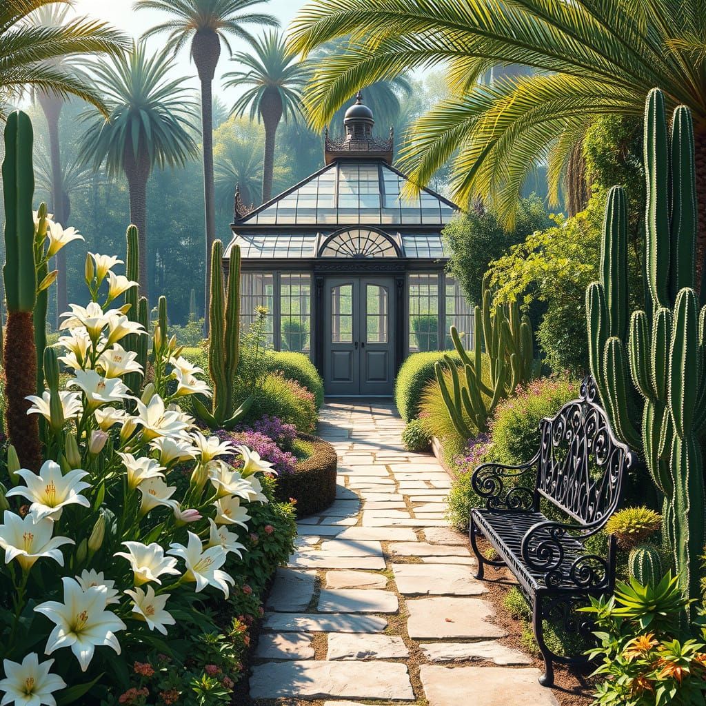 A lush Victorian-era botanical garden unfolds in exquisite detail, showcasing a harmonious blend of exotic and ornamenta...