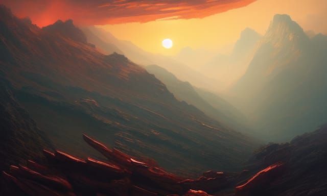 Crimson Mountains at Sunset: Hyperdetailed Oil Painting