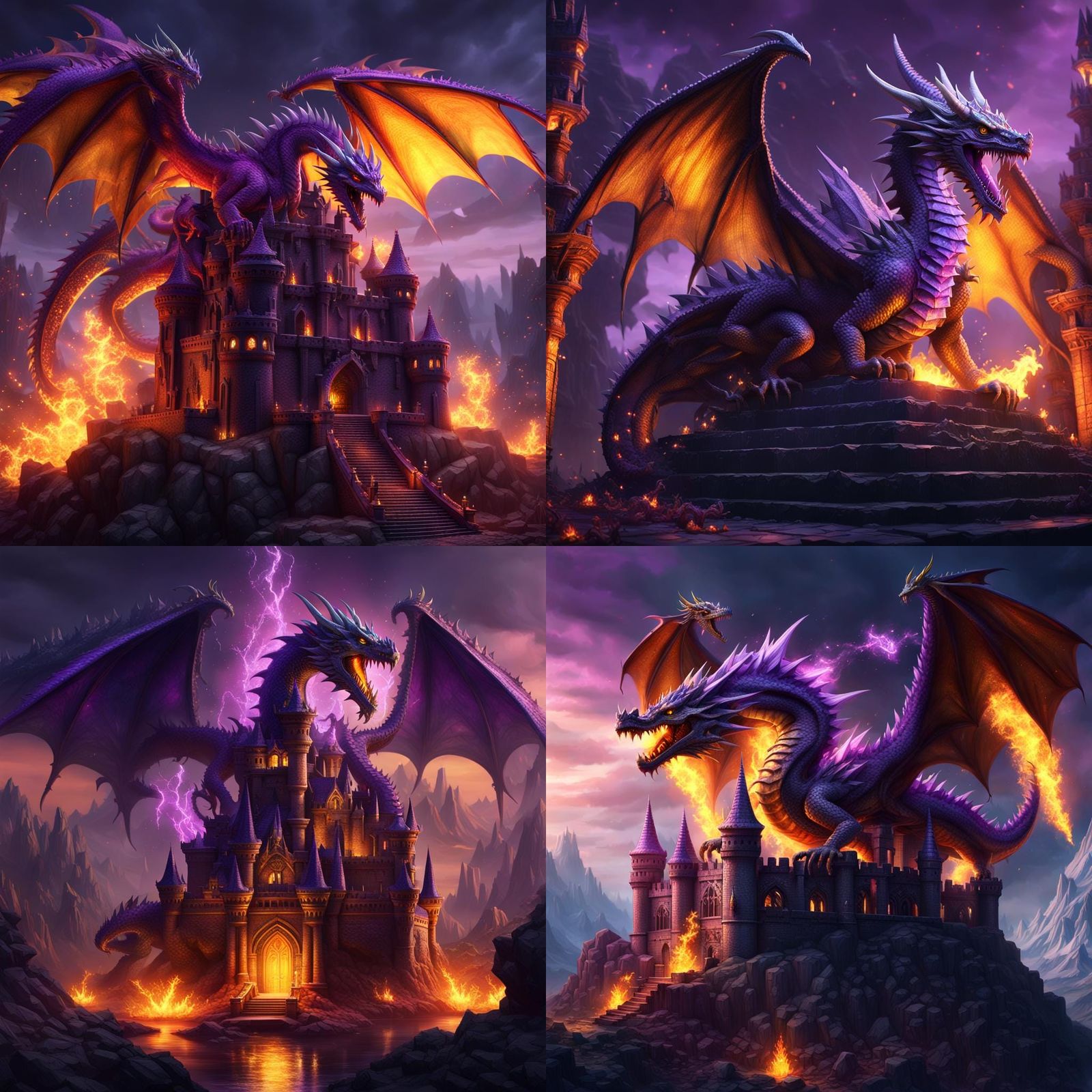 Dragon Breathing Fire Around Crystal Castle in Dark Fantasy ...