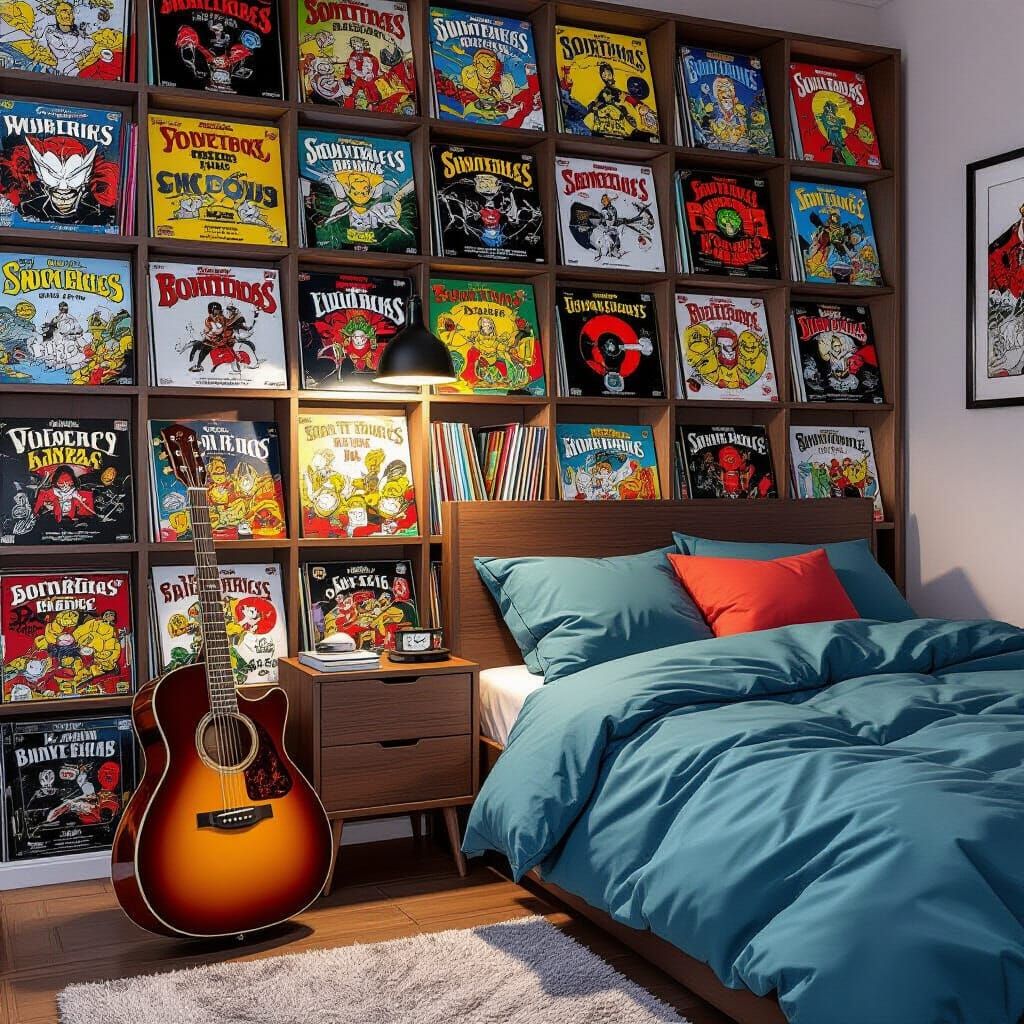 Hyperrealistic Musician's Bedroom with Vinyl Wall