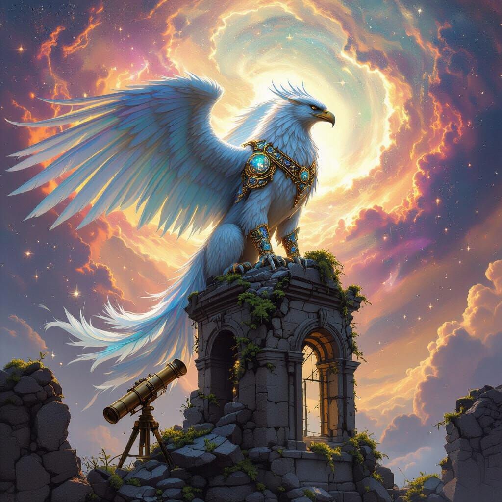 Griffin on Ancient Observatory Amidst Cosmic Nebula