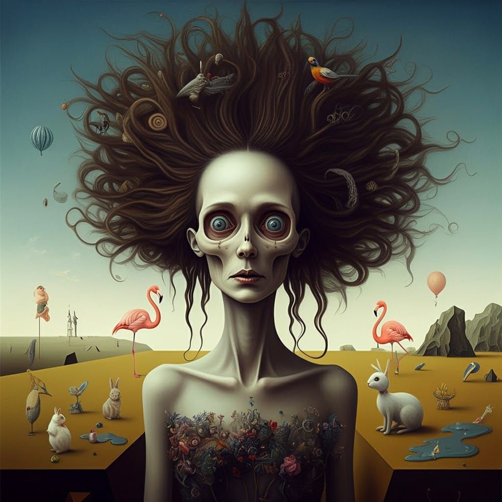Surreal Whimsical Scene with Birds and Flamingos