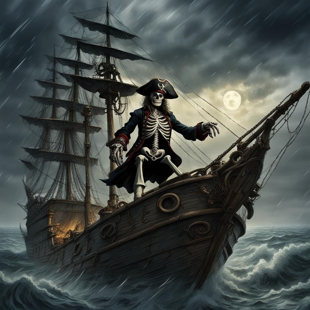 Skeleton Pirate Ship in Stormy Weather