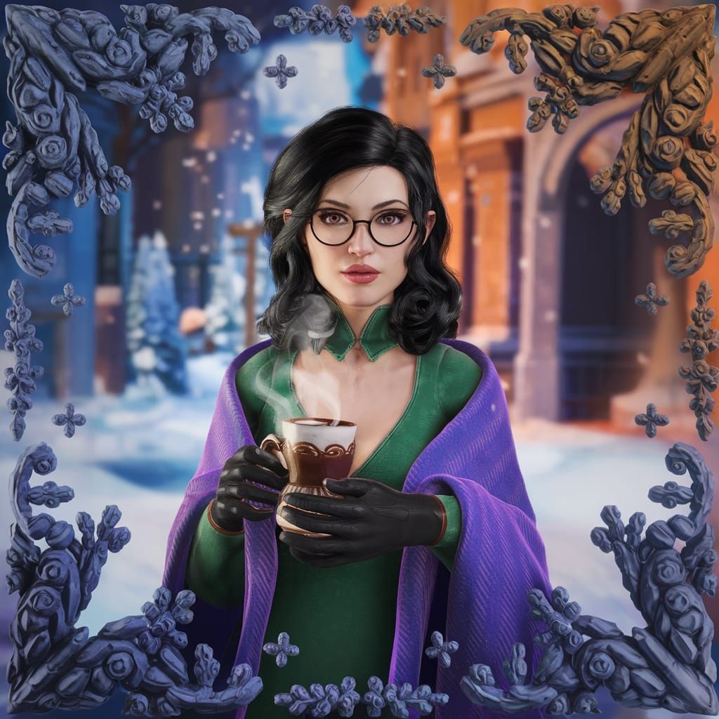 Woman in Winter Wonderland with Hot Chocolate