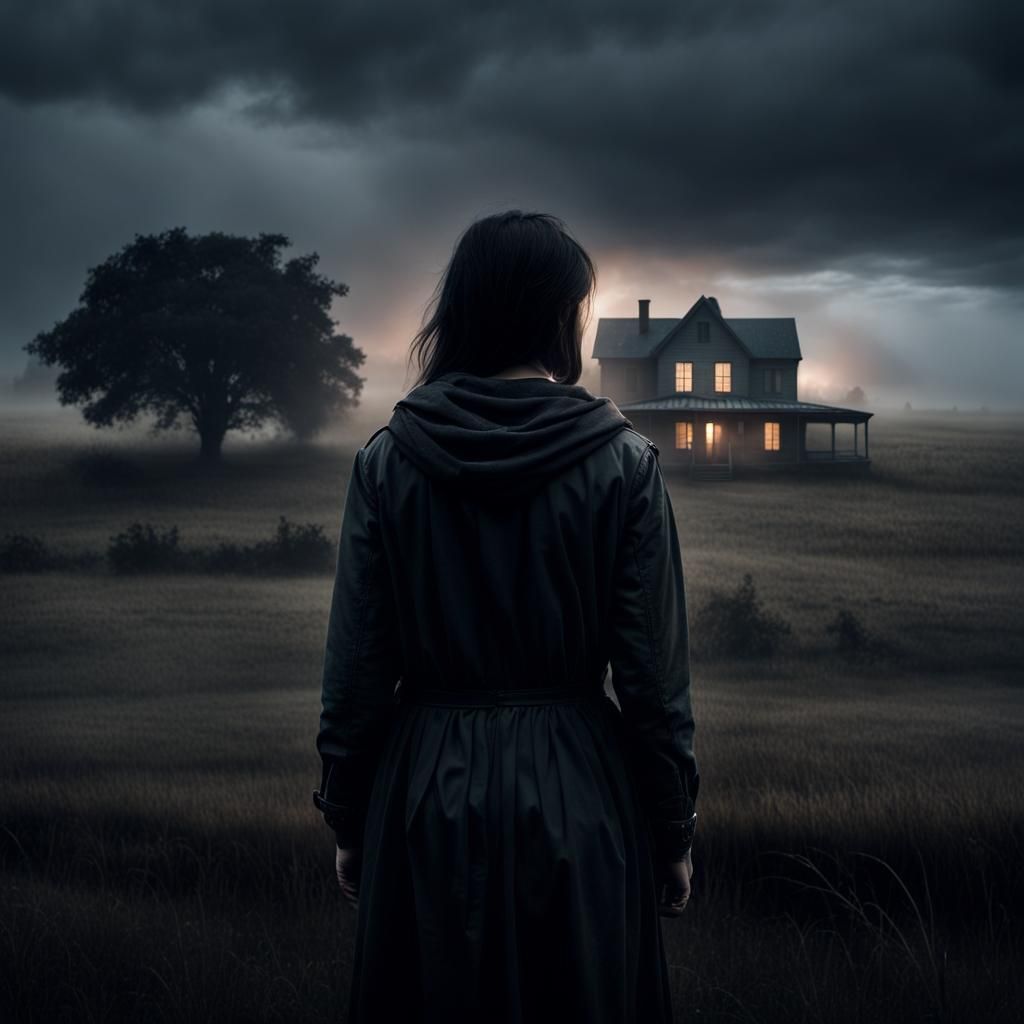 Cinematic Dark Fantasy: Determined Woman Protecting Her Home