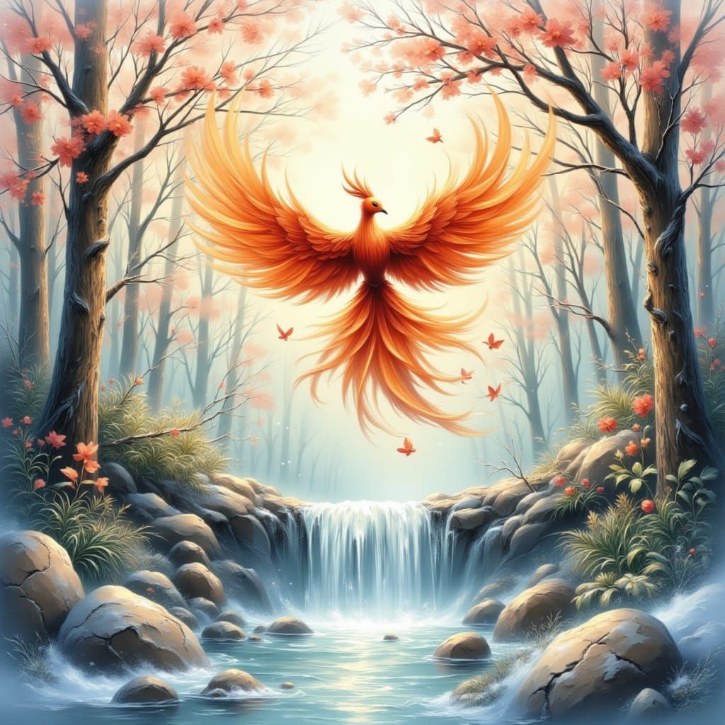 Phoenix Rising From Ashes in Studio Ghibli Style