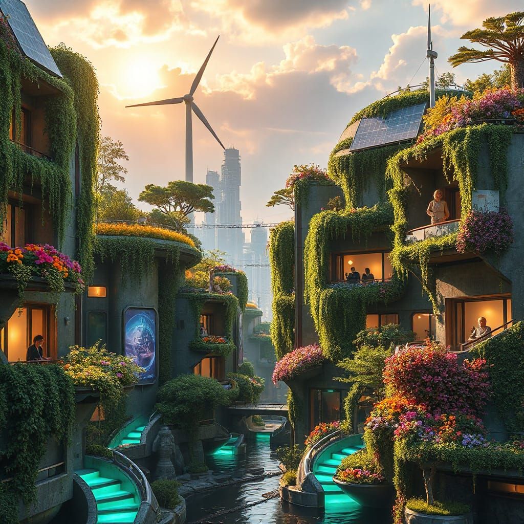 Surreal Futuristic Cityscape in Vibrant Solarpunk Style