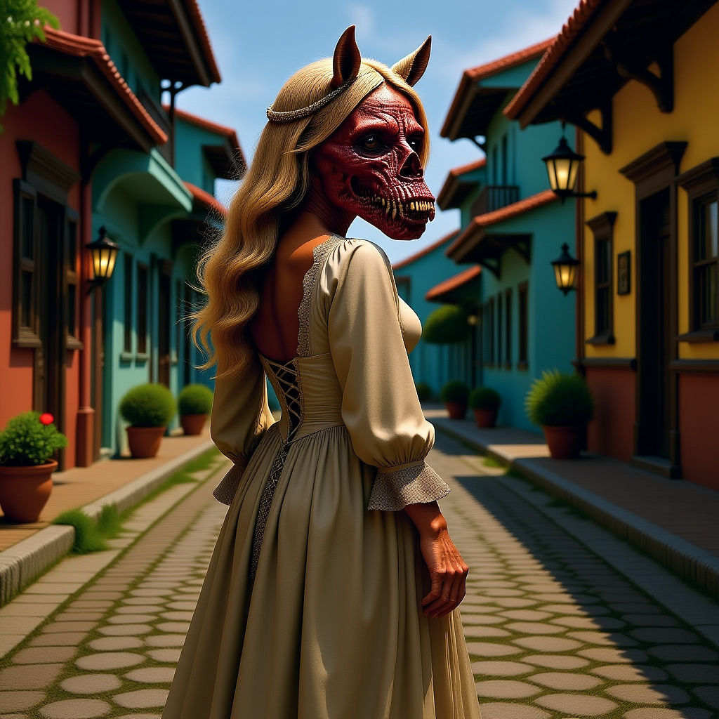 Terrifying Horse-Headed Woman on Colonial Street