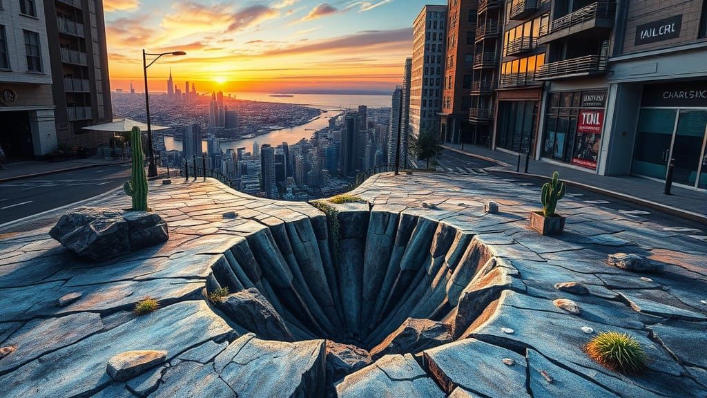 Surrealist Cityscape with Distorted Street and Winding Road