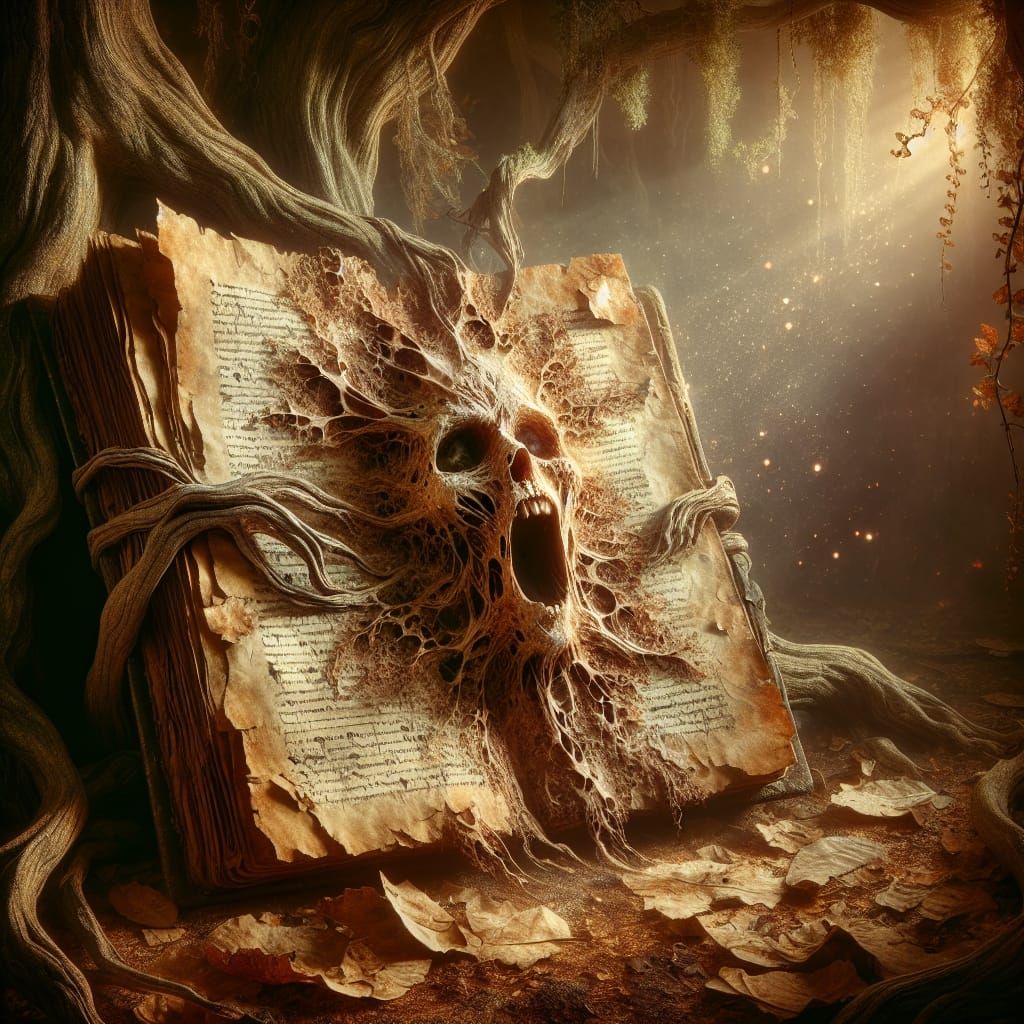 Ancient Tome Screams in Ethereal Forest