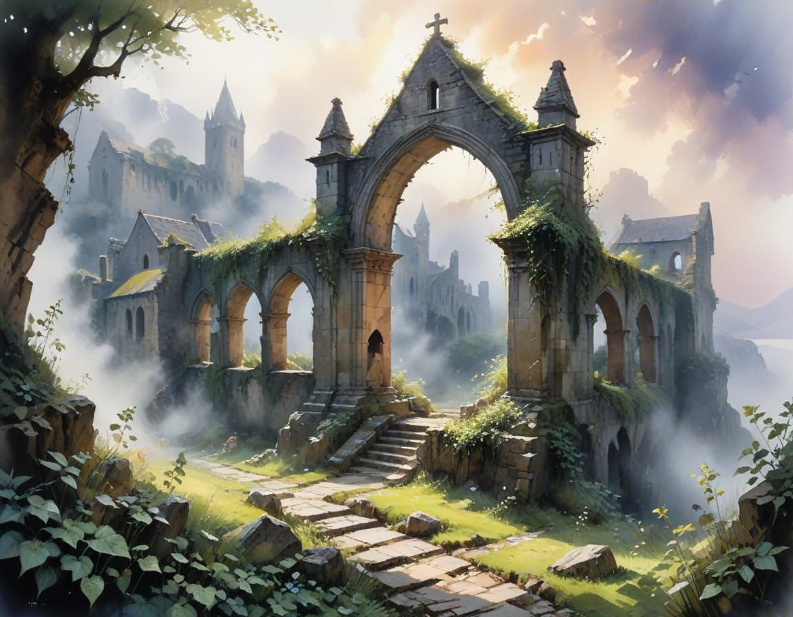 Highland Monastery in Mists: Stylized Watercolour