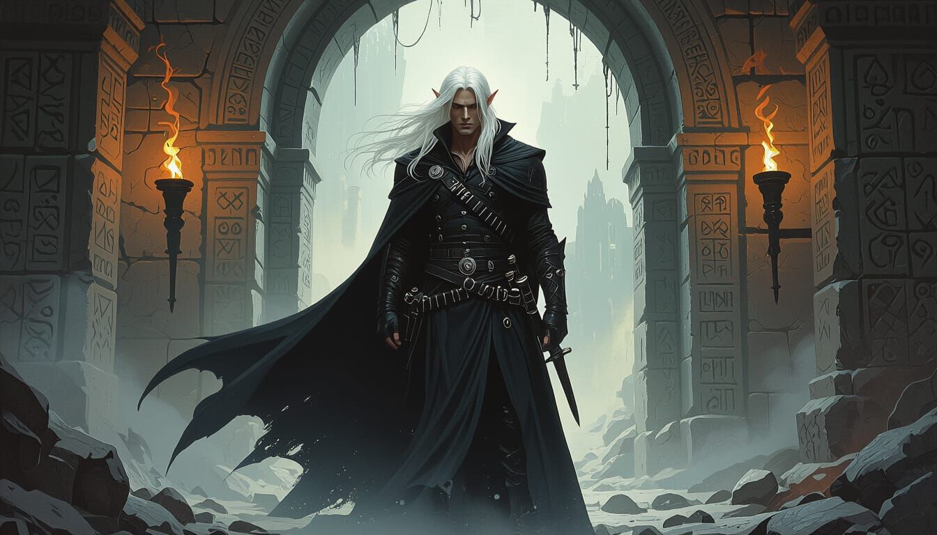 Elf at Crypt Entrance in Dark Fantasy Style