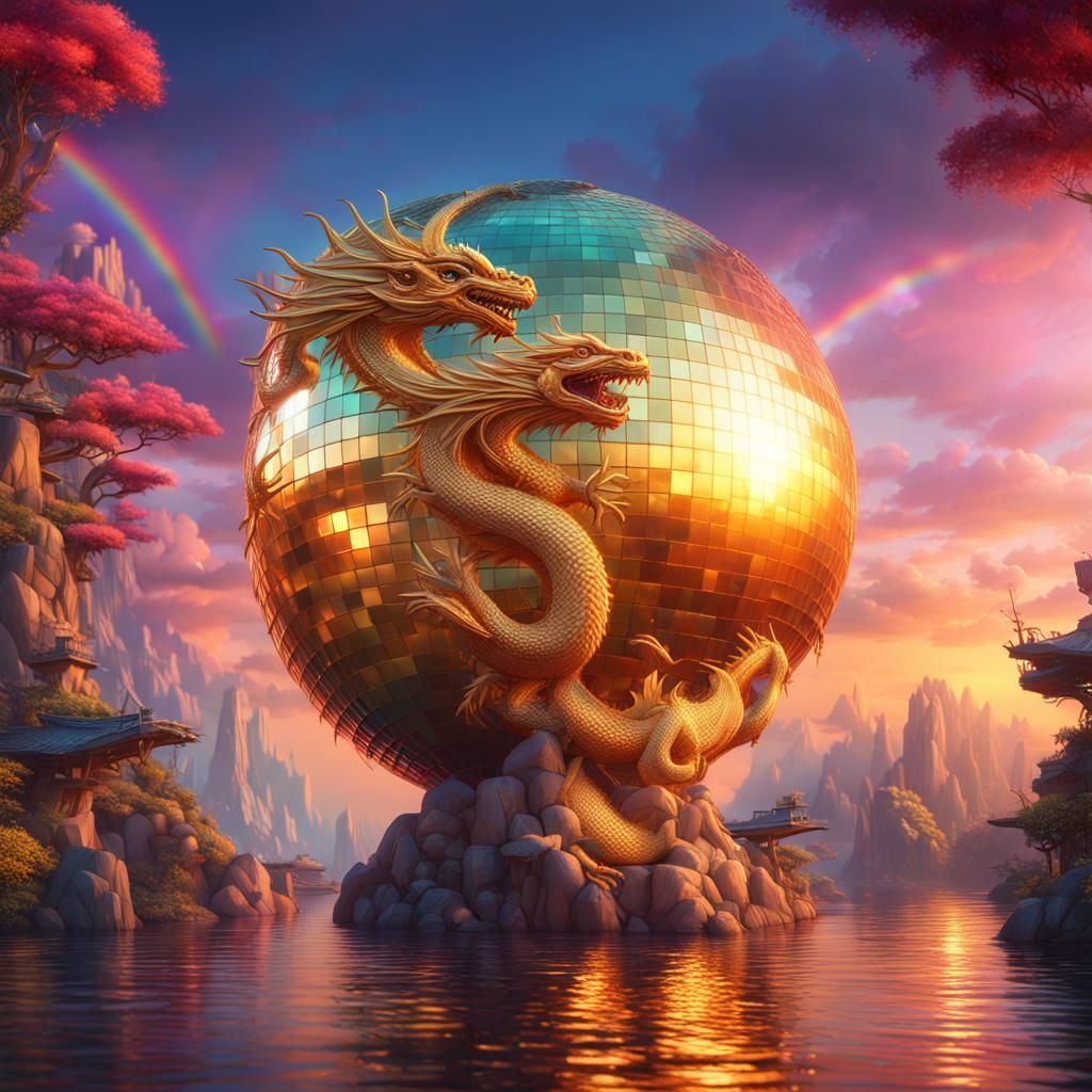 Fantastical Sunset Scene with Dragon, Whale and Panda