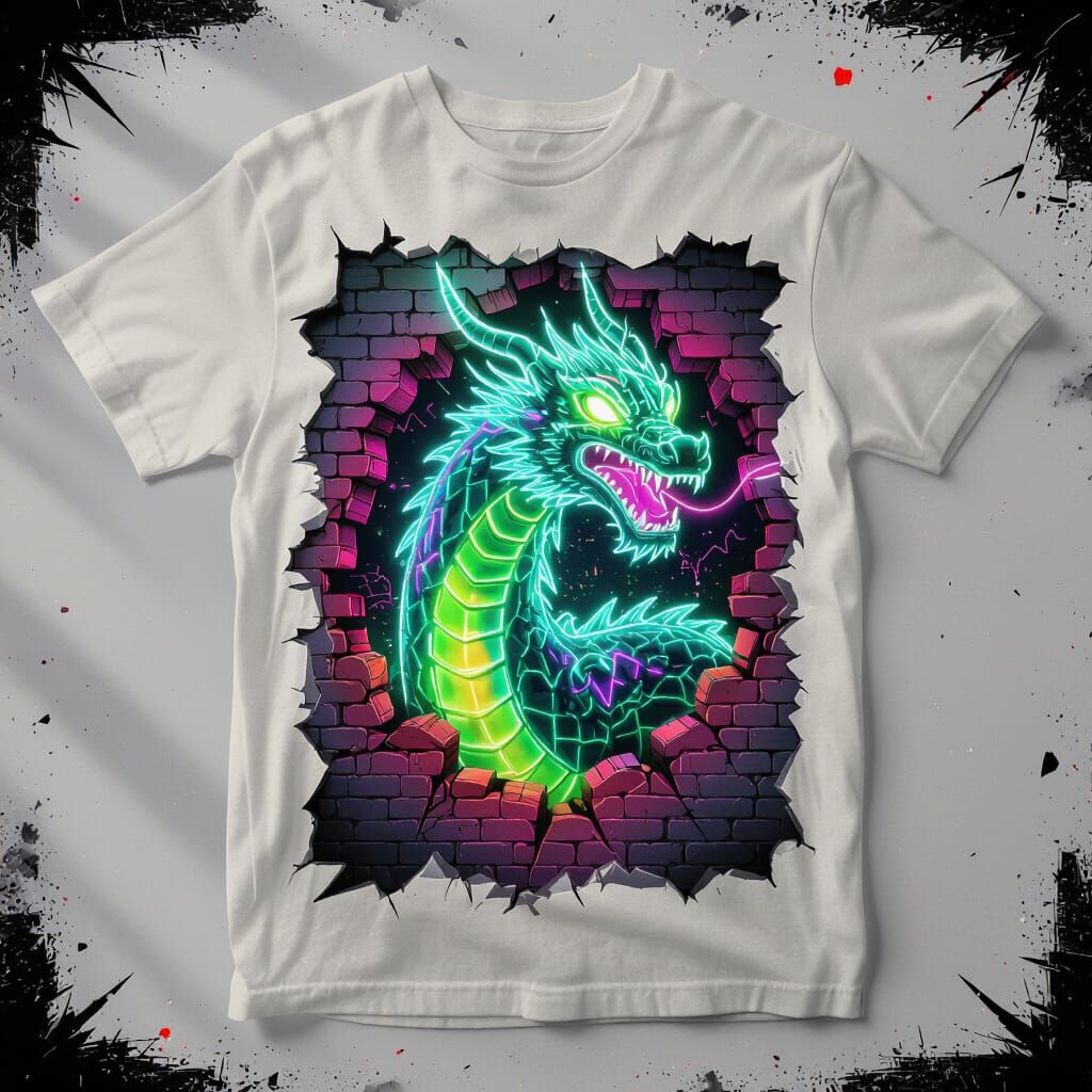 Neon Dragon T-Shirt Mockup in Cyberpunk Street Art Style