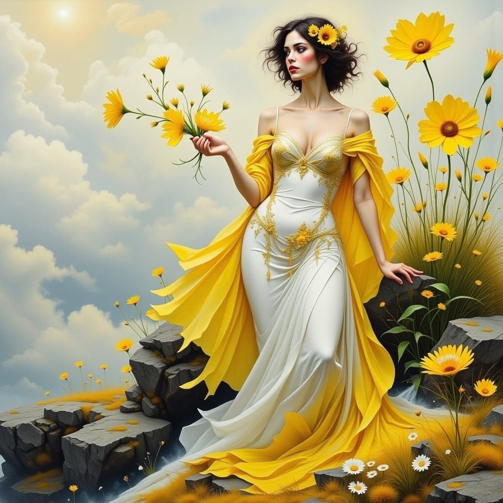 Ethereal Fantasy Goddess in Vibrant White and Yellow