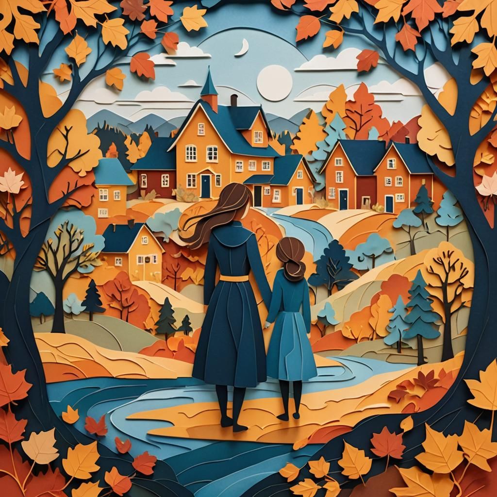 Intertwined Figures in Layered Papercut Autumn Landscape