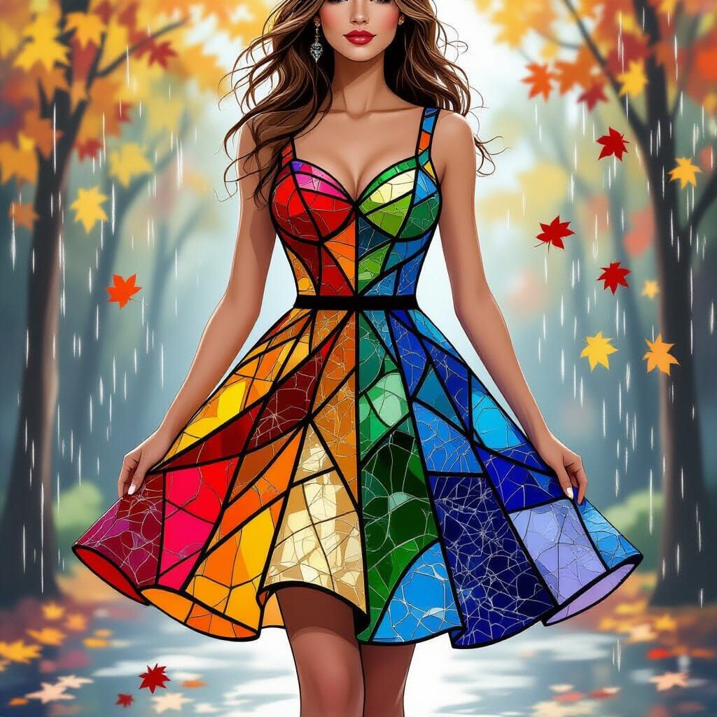 Woman in Layered Stained Glass Dress Amidst Autumn Leaves