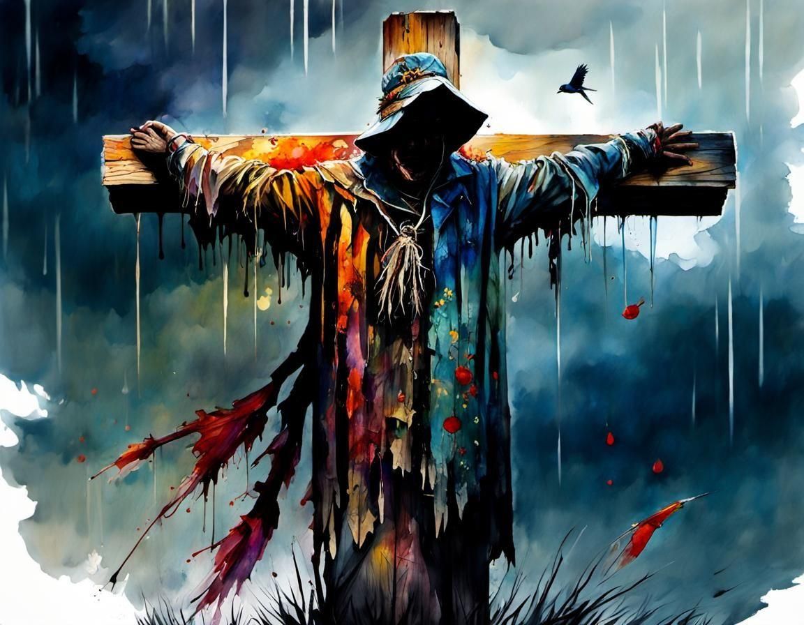 Dramatic Scarecrow Watercolor Art in Stormy Field