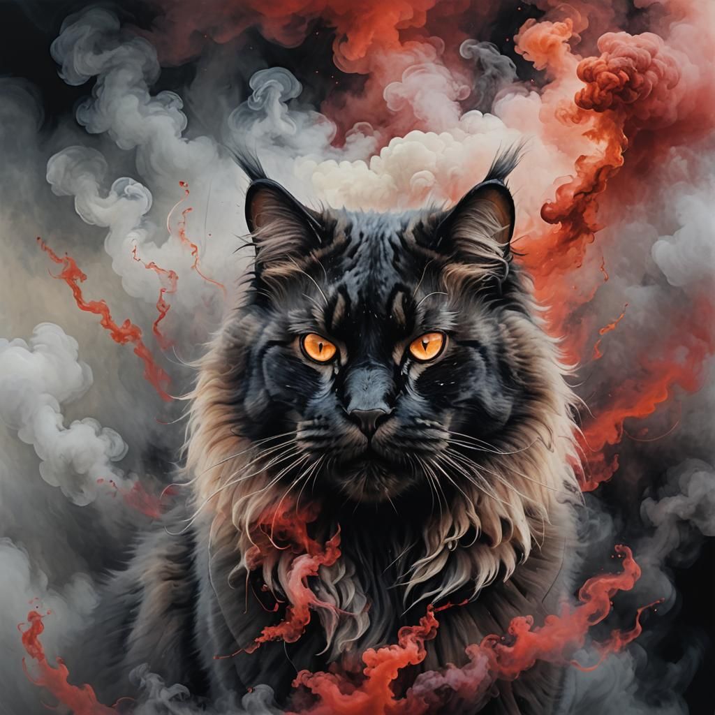 Majestic Cat Portrait in Smoky, Hyper-Realistic Style