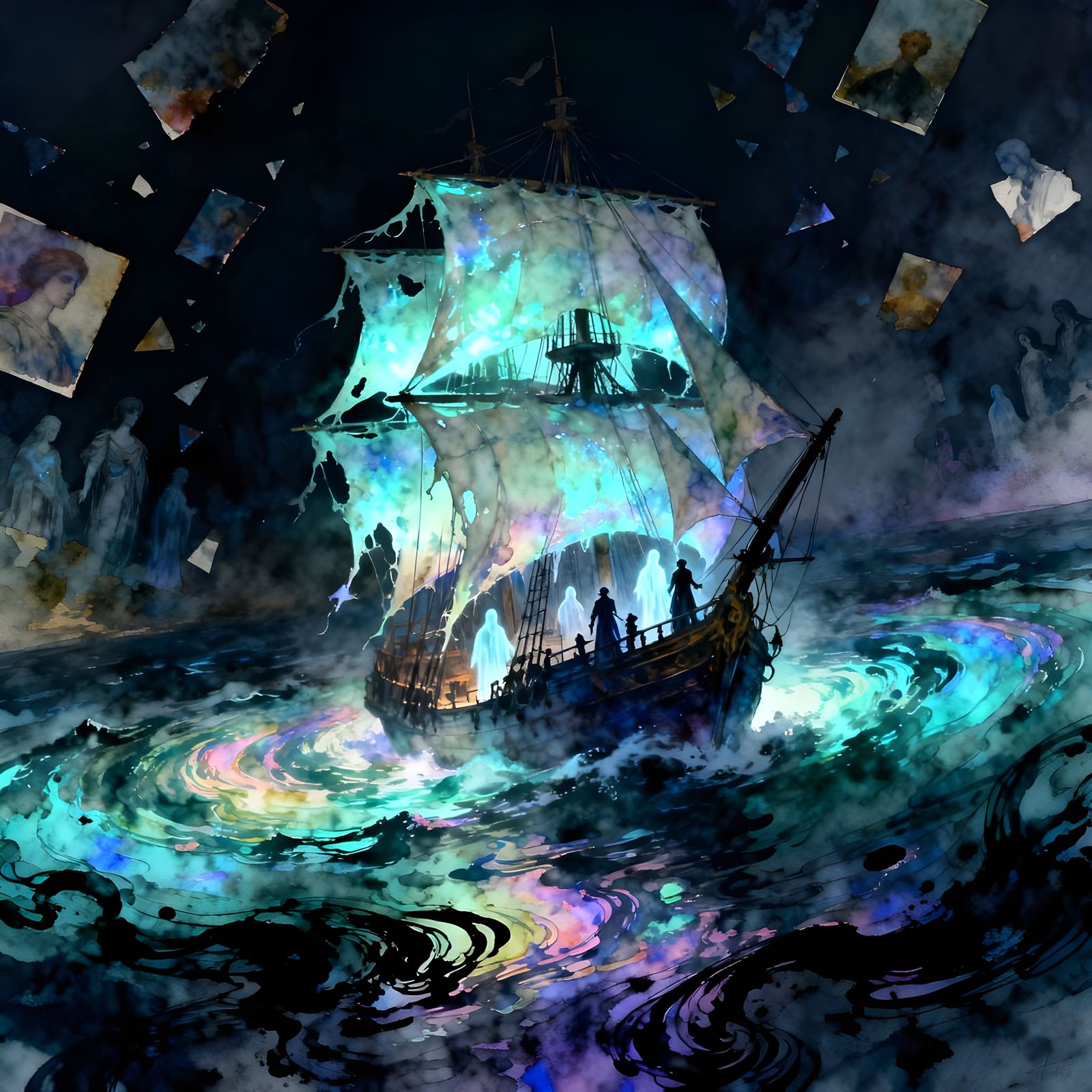 Spectral Galleon Navigating Ink Sea in Digital Illustration ...