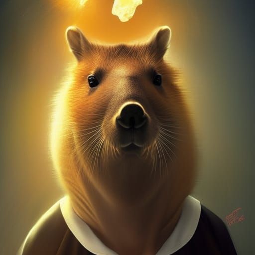 Capybara in Maid Dress Eating Orange, Hyperdetailed Portrait