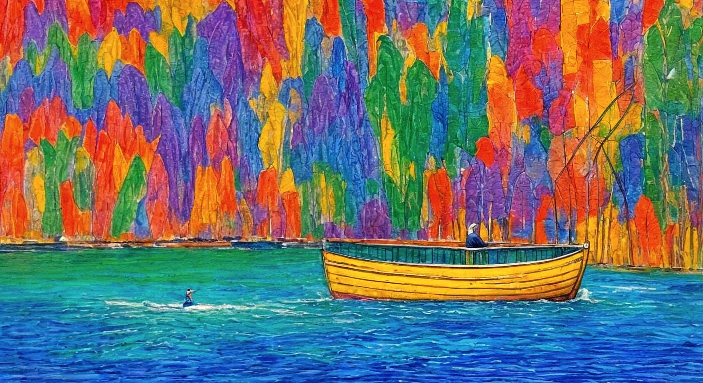 Rowboat Through Giant Frame on River in Abstract Style