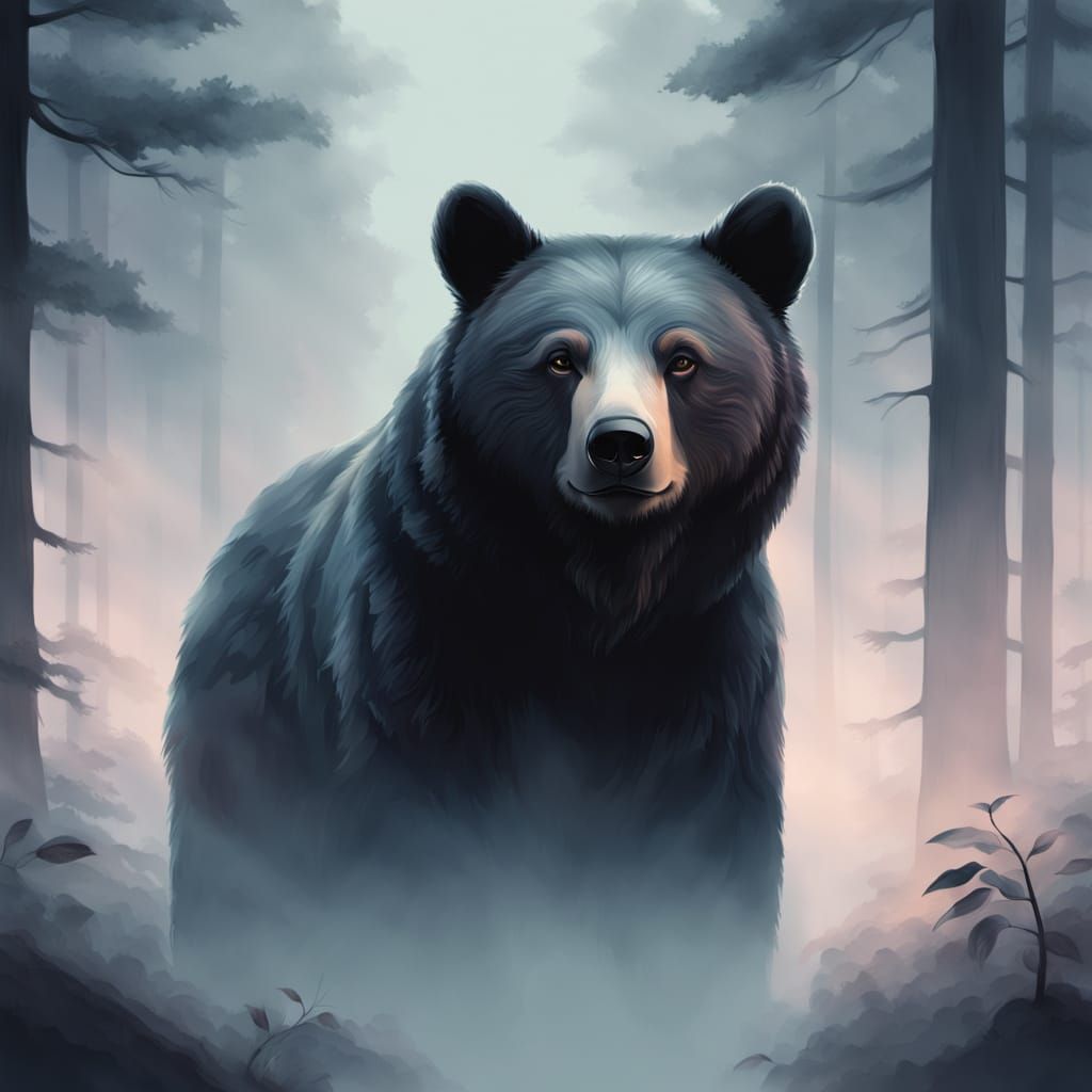 Ethereal Black Bear in Misty Forest