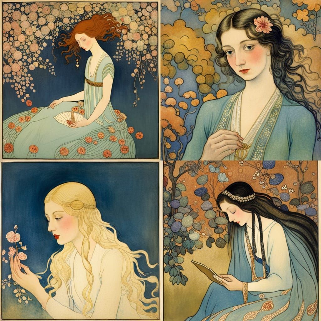 Whimsical Girl Portrait in Art Nouveau and Impressionist Sty...