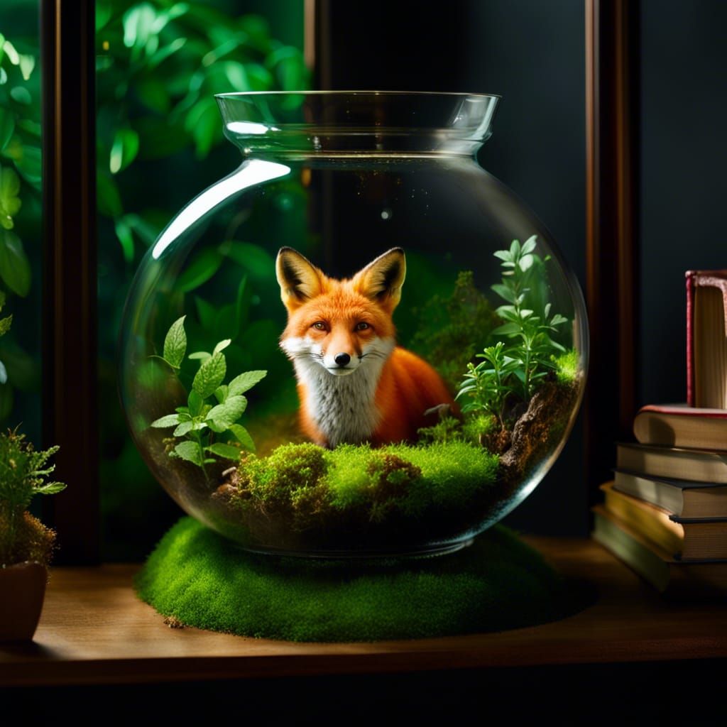 Fox in Glass Terrarium on Bookshelf Portrait