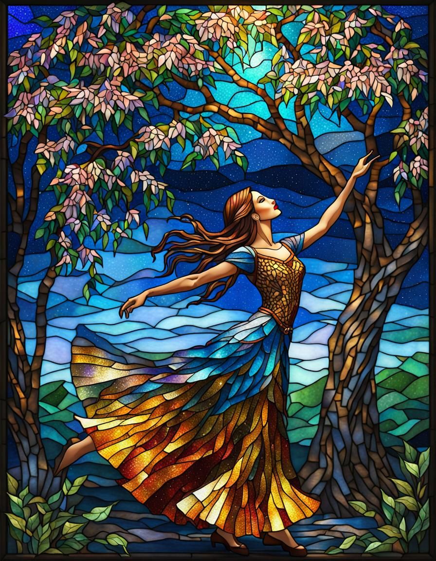 Pop up stained glass, mosaic, fantasy girl  dancing next to ...