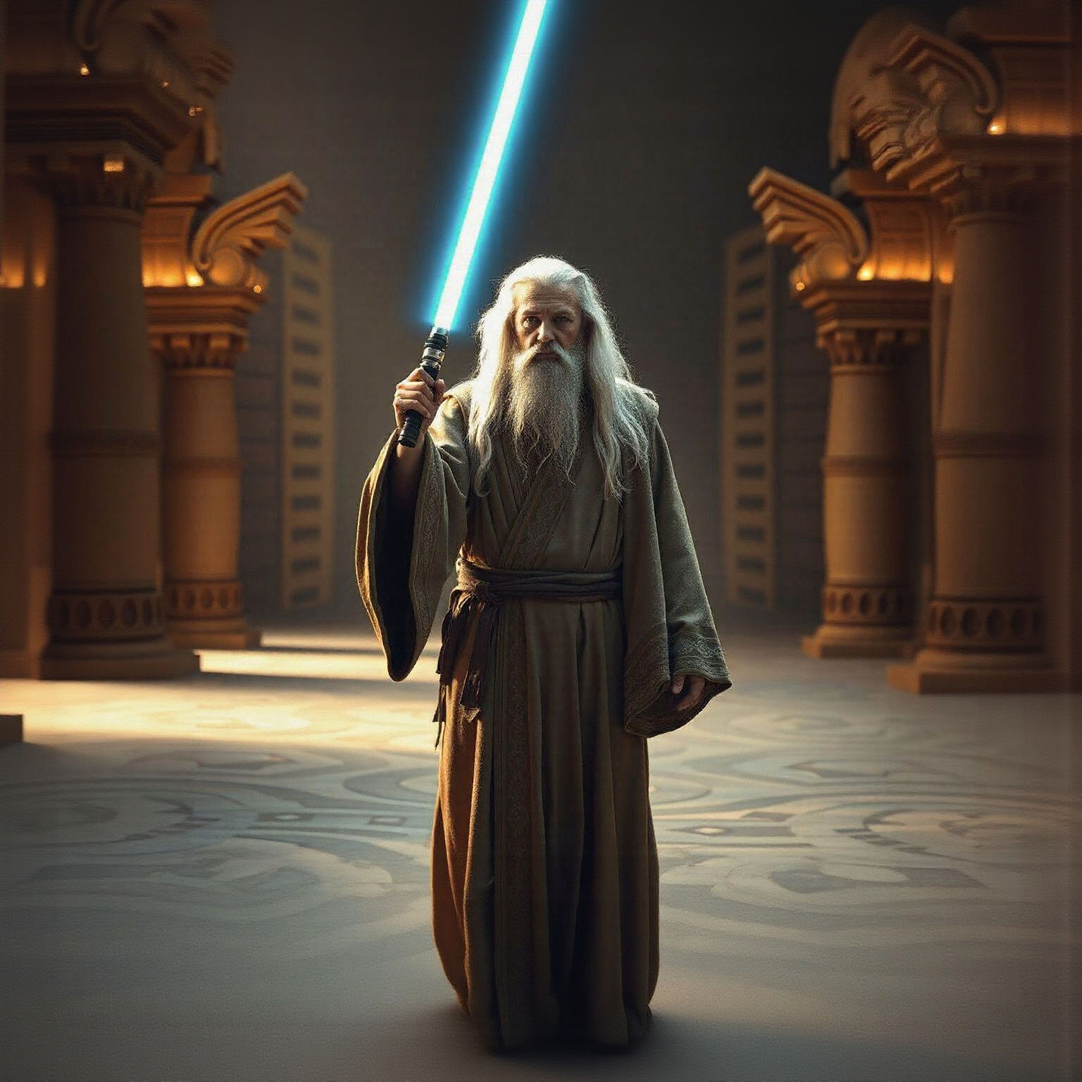 Wise Jedi Master in Temple with Lightsaber