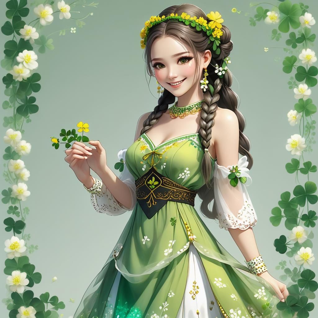 Woman with Braids and Clover Dress, Detailed Matte Painting